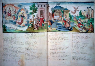 Teatr Religijny: „Pasja i Zmartwychwstanie” grana w Valenciennes w 1547 r. Karta rękopisu z akwarelą, Paryż, B.N. autorstwa Unknown artist
