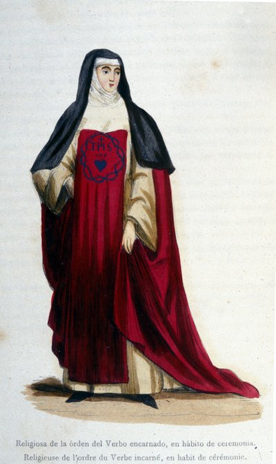 Zakonnicy zakonu czasownika inkarnują się w ceremonialnym stroju. Rycina z albumu na zakony, Paryż autorstwa Unknown artist