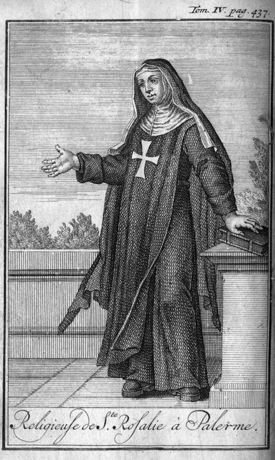 Porządek religijny. Zakonnica św. Rozalii w Palermo na Sycylii w XVII wieku. W „”Historii zakonów rycerskich czy rycerskich, bezpiecznych i rutynowych milicji obojga płci, które powstały do tej pory. Wydanie zaczerpnięte z Abbe Giustinianiego, autorstwa Unknown artist