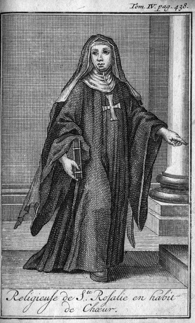 Porządek religijny. Zakonnica św. Rozalii w stroju chórowym w Palermo na Sycylii w XVII wieku. W „”Historii zakonów rycerskich czy rycerskich, bezpiecznych i rutynowych milicji obojga płci, które powstały do tej pory. Wydanie zaczerpnięte z Ab autorstwa Unknown artist