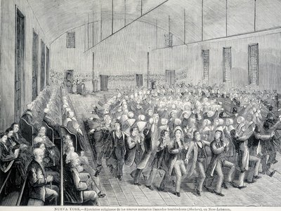 Procesja religijna Shakerów w Nowym Jorku. Ilustracja z XIX wieku. autorstwa Unknown artist