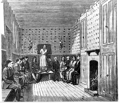 Spotkanie religijne amerykańskich shakerów. Grawerowanie z XIX wieku. autorstwa Unknown artist