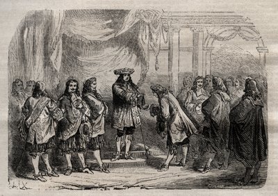 Rene Duguay Trouin (Duguay-Trouin) (Rene Trouin du Gue dit) (1673-1736) otrzymujący krzyż Saint-Louis z rąk króla Ludwika XIV - grawerowanie w „Dictionnaire populaire illustrious” - 1864 - Joseph Decembre i Edmonda Alloniera - autorstwa Unknown artist