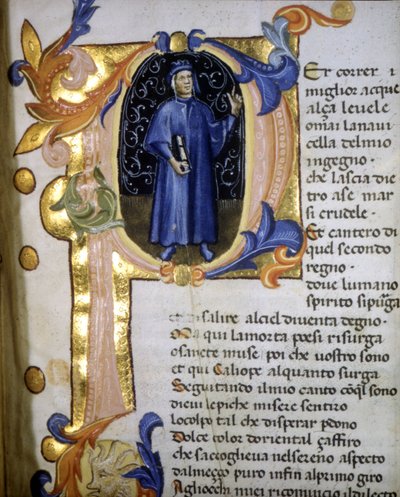 Przedstawienie w liście poety Dantego Alighieri (1265 - 1321), miniatura XIV wiek. autorstwa Unknown artist