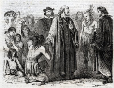 Reprezentacja Bartolome de las Casas (1484-1566) Dominikański ksiądz misjonarz z Indianami” (Portret Bartolome de las casas, dominikanin i protektor Indian - rycina z 1860 r. autorstwa Unknown artist