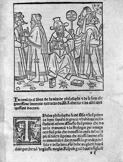 Reprezentacja Diogene Laerce (120-240) (w środku) otacza różnych myślicieli i filozofów Strona zaczerpnięta z „Żywotów, doktryn i zdań wybitnych filozofów”” (Vitae Philosophorum) poety i historyka Diogene Laerce (120-240) 1495 autorstwa Unknown artist