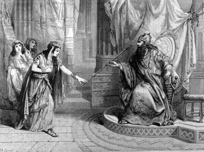Reprezentacja Estery dotycząca berła króla Aswerusa 1. (Kserkses 1.). Rycina XIX wieku. autorstwa Unknown artist