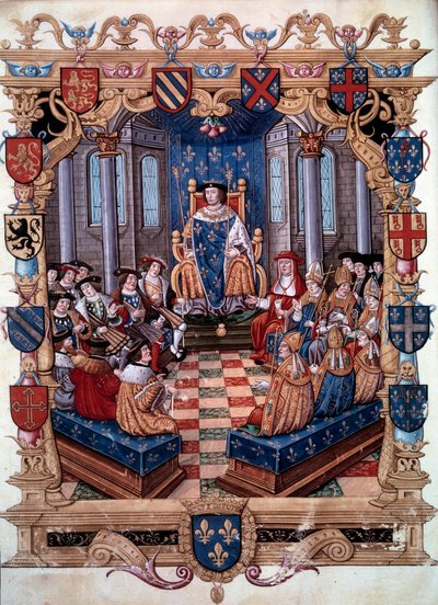 Reprezentacja króla Franciszka I (1494-1547) otacza jego dwunastu rówieśników. Z miniatury. 16 wiek. Chantilly, Muzeum Conde autorstwa Unknown artist