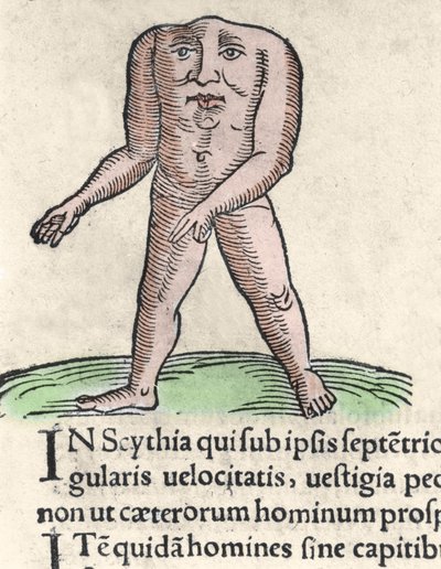Reprezentacja członka plemienia Blemmyi w Nubii, opisuje bez głowy, bez szyi i twarzy na tułowiu Pliniusza dawną Rycinę z „Prodigiorum ac ostentorum chronicon” Konrada Lycostenesa (1518-1561). 1557. autorstwa Unknown artist