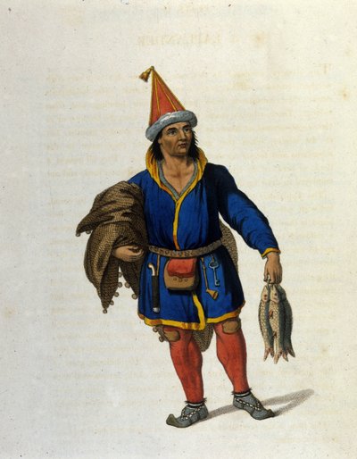 Reprezentacja rdzennego Sama (zamieszkującego tereny Norwegii, Szwecji, Rosji, Finlandii) powracającego z połowów. Rycina XIX wieku autorstwa Unknown artist