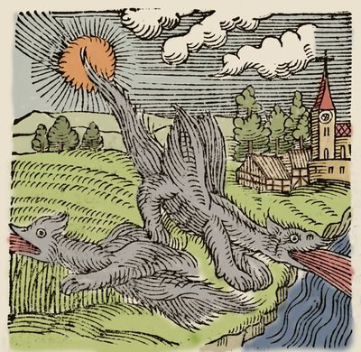 Reprezentacja bazylik w locie spalającym pola pszenicy. Rycina z „Prodigiorum ac ostentorum chronicon” Konrada Lycostenesa (1518-1561). 1557. autorstwa Unknown artist