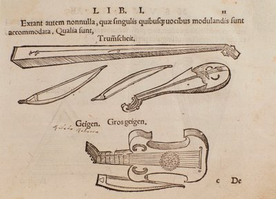 Reprezentacja instrumentów smyczkowych i łucznika. Strona zaczerpnięta z praktycznego podręcznika muzycznego Musurgii autorstwa Unknown artist