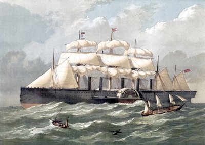 Reprezentacja brytyjskiego statku Great Eastern, pierwszego gigantycznego liniowca, zainaugurowanego w 1858 r. według projektu Isambarda Kingdom Brunela (Wielki wschodni żelazny żaglowiec parowy zaprojektowany przez Isambarda Kingdom Brunela) - XIX w. autorstwa Unknown artist