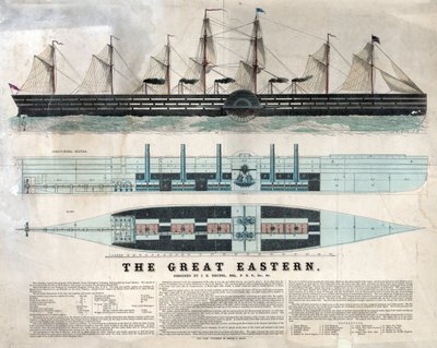 Reprezentacja brytyjskiego statku Great Eastern, pierwszego gigantycznego liniowca, zainaugurowanego w 1858 roku projektu Isambarda Kingdom Brunel - Wielki wschodni żelazny żaglowiec parowy zaprojektowany przez Isambarda Kingdom Brunel - autorstwa Unknown artist