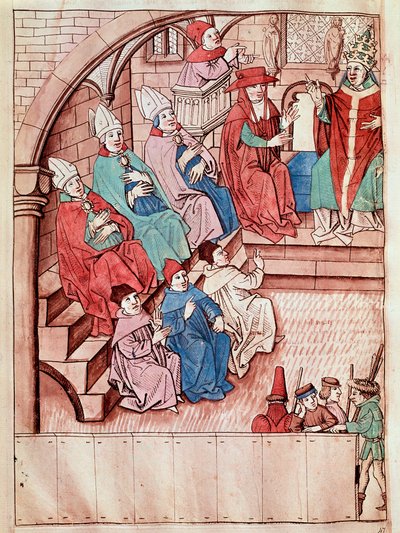 Reprezentacja soboru w Konstancji w latach 1414-1418, na szczycie papież Marcin V (Widok soboru w Konstancji, ok. 1417) Miniatura zaczerpnięta z „Kroniki soboru w Konstancji” Ulricha Richentala (1360-1437) 1438 ok. Pragi, Nati autorstwa Unknown artist