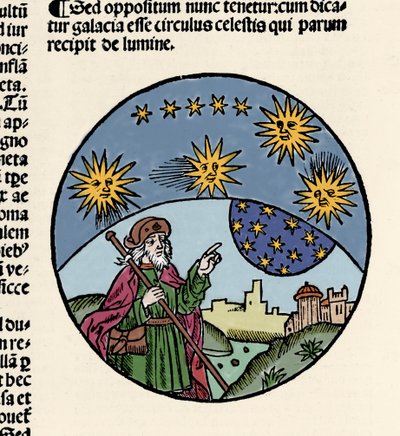 Przedstawienie greckiego filozofa Arystotelesa (384-322 pne) wskazujące gwiazdy. Grawerowanie z wędrówki fizyki „„Skrócony tekst Arystotelesa o ośmiu księgach fizyki i całej filozofii naturalnej”” Thomasa Bricota (zm. 1516). 1496 autorstwa Unknown artist