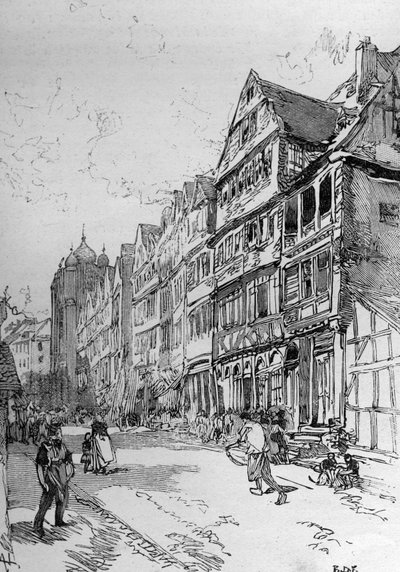 Reprezentacja ulicy Żydowskiej we Frankfurcie, miejsce urodzenia rodziny Rotszyldów. Grawerowanie w „” Świetnym Świecie”” autorstwa Unknown artist