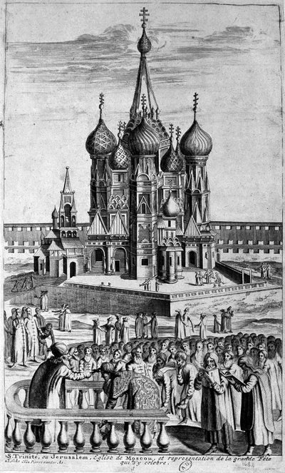 Przedstawienie cerkwi Trójcy Świętej w Moskwie na rycinie z XVII wieku. autorstwa Unknown artist