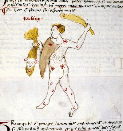 Reprezentacja konstelacji Bouvier (Botes) Łowca Botes trzyma w dłoni włosy Bereniki. Miniatura z „Astronomiki” Biasino da Parma (Blaise de Parma) (1425-1457) autorstwa Unknown artist