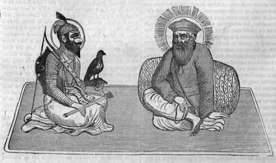 Reprezentacja założycieli sikhizmu (lub religii sikhijskiej): Guru Nanaka (1469-1539) i Guru Gobinda Singha (1666-1708). W „Le magazin malowniczy”” 1836 autorstwa Unknown artist