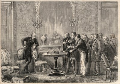 Reprezentacja sztuki „”Mercadet”” (Le Faiseur) Honore de Balzac (1799-1850) w Comedie Francaise. Akt III, scena VI. Grawer w „”L