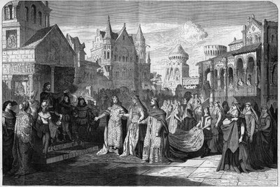 Przedstawienie opery romantycznej „Lohengrin” Richarda Wagnera (1813-1883), akt II ostatnia scena, w Teatrze Królewskim w Monachium, Niemcy. Grawerowanie w „Wspaniałym Wszechświecie” autorstwa Unknown artist