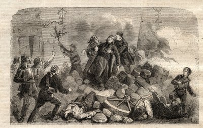 Rewolucja 1848: „” Archeveque Monsignor Denis Affre (1793-1848) na barykadzie Faubourg Saint Antoine w Paryżu 26/06/1848 (Czyń mój Boże, że moja krew jest ostatnim wersem) (Śmierć Denis Affre Arcybiskup Paryża barykada przy wejściu do t autorstwa Unknown artist