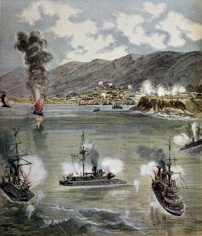 Rewolucja w Chile: atak na Valparaiso w 1891 r. Ilustracja zaczerpnięta z „”Suplement ilustruje dziennik du Pepetit””” 1891. Paryż, B.N. autorstwa Unknown artist