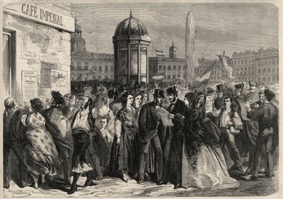 Rewolucja września 1868 w Hiszpanii (Gloriosa): odczytanie manifestu junty na ulicy Alcala w Madrycie. Grawer w „”L