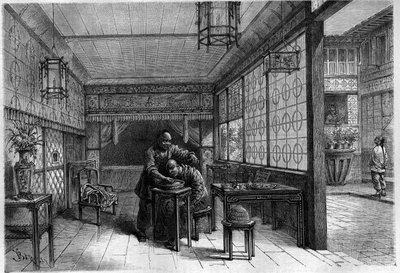 Bogaty Chińczyk w swoim fryzjerze. Grawerowanie w „Dzienniku młodzieży” autorstwa Unknown artist
