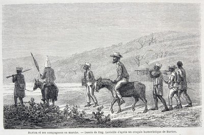 Richard Francis Burton, brytyjski odkrywca (1821-1890) i jego towarzysze w Afryce. Rysunek ilustrujący artykuł „Podróż kapitana Burtona do Wielkich Jezior Afryki 1857-59” - w „Tour du Monde”, II semestr. 1860 autorstwa Unknown artist