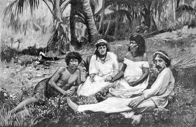 Robert Louis Stevenson (1850 - 1894) z żoną na Samoa, gdzie wydał swoją rezydencję w Vailimie. Grawer około 1890-1895. autorstwa Unknown artist