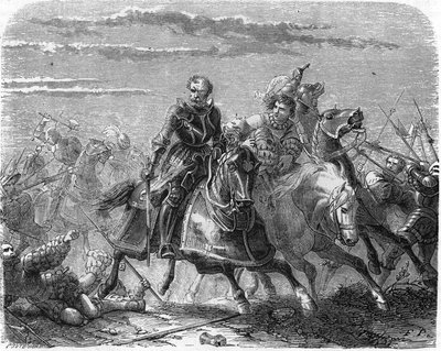 Robert z Marka Landsknechtów zabiera Szwajcarowi ciało syna. Rycina XIX wieku. autorstwa Unknown artist