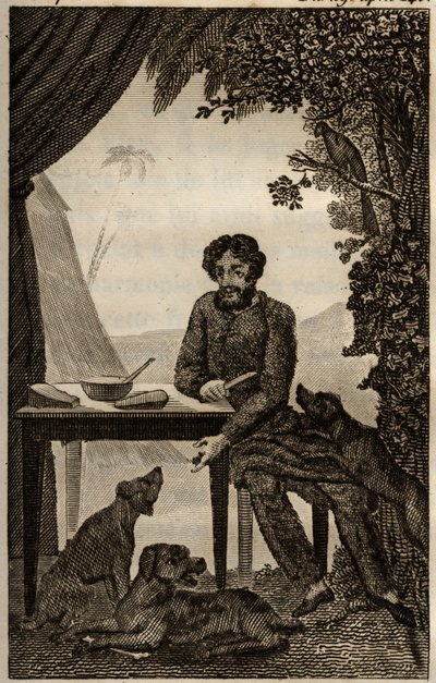 Psy Robinsona Crusoe czekają, aż rzuci trochę kawałków do jedzenia, grawer umieszczony w „Les aventures de Robinson Crusoe” Daniela Defoe (1660-1731), wydanie la librairie d