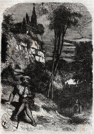 Rodomont, Isabella and the Old Hermit - 1851 grawerowanie z „” Wściekły Roland”” (Orlando furioso) (XVI w.) Ludovico Ariosto, znanego jako Ariosto - Wydanie przetłumaczone z języka włoskiego przez hrabiego Tressan i opublikowane przez Gustave