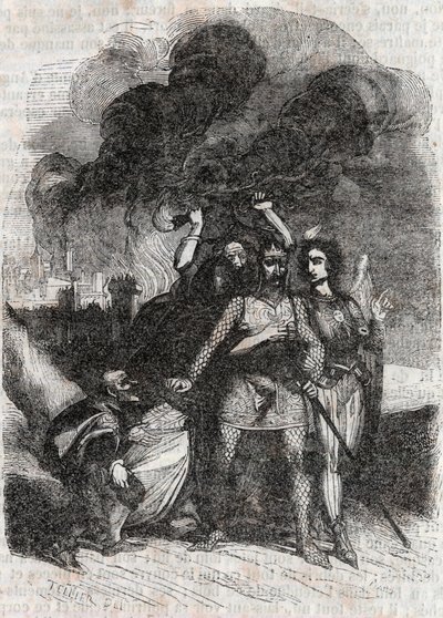 Rodomont opuszcza Paryż - rycina z 1851 r. z „Roland furieux” (Orlando furioso) (XVI w.) Ludovico Ariosto, zwanego Ariosta - Wydanie przetłumaczone z włoskiego przez hrabiego Tressan i wydane przez Gustave