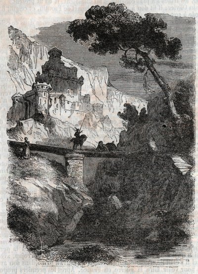 Rodomont pokonany przez Bradamante - rycina 1851 z „”Wściekły Roland”” (Orlando furioso) (XVI w.) Ludovico Ariosto, zwanego Ariosto - Wydanie przetłumaczone z włoskiego przez hrabiego Tressan i wydane przez Gustave