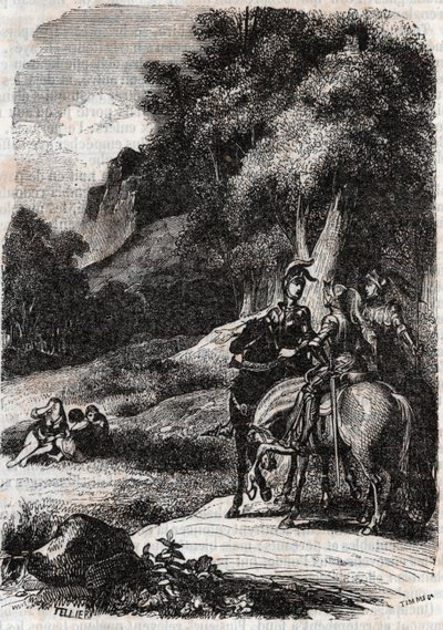 Roger (Ruggero, Ruggiero), Marphise (Marfisa) i trzy kobiety - grawerunek z 1851 r. z „Roland furieux” (Orlando furioso) (XVI w.) Ludovico Ariosto, zwany Ariosto - Wydanie przetłumaczone z języka włoskiego przez hrabiego Tressan i opublikowane przez autorstwa Unknown artist