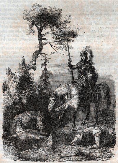 Roger (Ruggero, Ruggiero) posługuje się czarującą tarczą - grawerunek z 1851 r. z „Wściekły Rolanda” (Orlando furioso) (XVI w.) Ludovico Ariosto, znanego jako Ariosta – wydanie przetłumaczone z języka włoskiego przez hrabiego Tressan i opublikowany przez autorstwa Unknown artist
