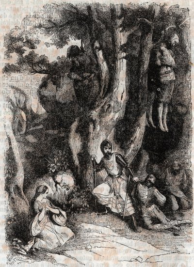 Roland i Siedmiu Zbójców Jaskini - rycina z 1851 r. z „Wściekły Roland” (Orlando furioso) (XVI w.) Ludovico Ariosto, znanego jako Ariosta - Wydanie przetłumaczone z języka włoskiego przez hrabiego Tressan i wydane przez Gustave Harvard autorstwa Unknown artist