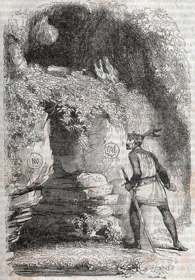 Roland odnajduje figury Medora (Medoro) i Angelique (Angelica) - rycina z 1851 r. z „Wściekły Rolanda” (Orlando furioso) (XVI w.) Ludovico Ariosto, znanego jako Ariosta - wydanie przetłumaczone z języka włoskiego przez hrabiego Tressan i publics autorstwa Unknown artist