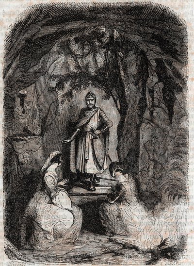 Roland widzi Isabelle w jaskini - grawerunek z 1851 r. z „Wściekły Roland” (Orlando furioso) (XVI w.) Ludovico Ariosto, znanego jako Ariosta - Wydanie przetłumaczone z włoskiego przez hrabiego Tressan i opublikowane przez Gustave