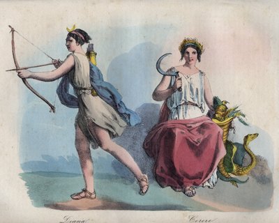 Mitologia rzymska - Diana (Diane) bogini łowów i bogini rolnictwa Ceres - rycina z „Zwyczajów i zwyczajów wszystkich narodów wszechświata. To jest historia rządów, praw, milicji, religii wszystkich narodów od najbardziej r autorstwa Unknown artist