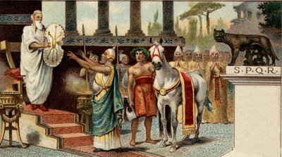 Rzymski system polityczny. Król: Numa Pompilius, legendarny król Rzymu (-715, -672), powierzający świętą tarczę kapłanom Salian. Chromolitografia z końca XIX wieku. autorstwa Unknown artist