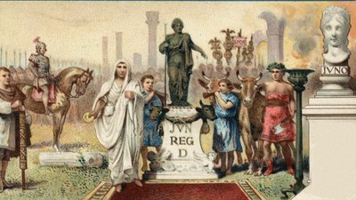 Rzymski system polityczny. Trybuna plebejska: Caius Sempronius Gracchus (Gaio (Caio) Sempronius Gracco) (154-122 pne), rzymski mąż stanu (z bratem nazywany „Les Gracques”) utworzył dla kolonii nowe miasto (Junonia) w Kartaginie. Chromolitografia l autorstwa Unknown artist