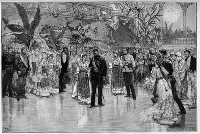 Rumunia: Bal wydany na cześć księcia Rodolfa (1858-1889) i księżnej Stefanii Austro-Węgier (1864-1945) w Teatrze Narodowym w Bukareszcie. Grawerowanie w „”Le Monde Illustré”” autorstwa Unknown artist