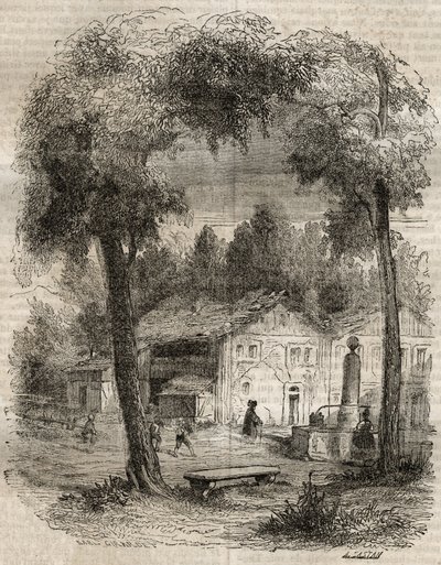 Rousseau a Motiers (Kanton Neuchâtel) - Ilustracja do „Wyznań” Jean-Jacquesa (Jean Jacques) Rousseau (1712-1778) - rycina z 1849 r. autorstwa Unknown artist