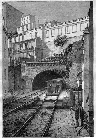Trasa kolejowa z Lyonu do Fourviere - rycina w „Journal des voyages” 1884 autorstwa Unknown artist