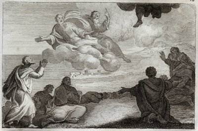 Biblia Royaumont, Nowy Testament: Wniebowstąpienie Jezusa Chrystusa. Chrystus został zabrany z nieba i pobłogosławił Apoterów, zanim zniknął w obłoku. Ilustracja z 1811 roku. autorstwa Unknown artist