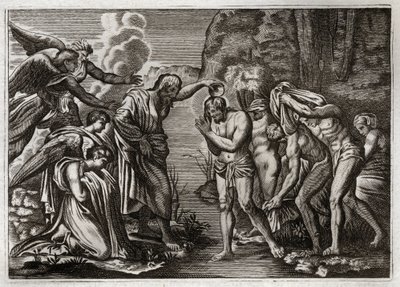 Biblia Royaumont, Nowy Testament: Chrzest Jezusa Chrystusa. Święty Jan Chrzciciel chrzczący Jezusa Chrystusa w wodach Jordanu. Ilustracja z 1811 roku. autorstwa Unknown artist